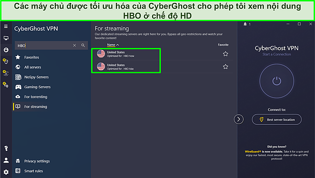 Ảnh chụp m&agrave;n h&igrave;nh kết nối với m&aacute;y chủ Cyberghost được tối ưu h&oacute;a để ph&aacute;t trực tuyến HBO