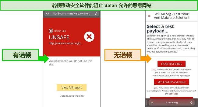 展示了Norton Web Protection在iOS上的防护作用:阻止恶意网站,保障浏览安全