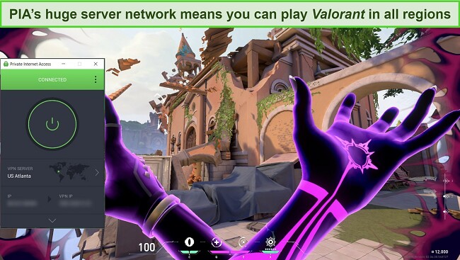 Screenshot of PIA connected to a US server with Valorant playing in the background