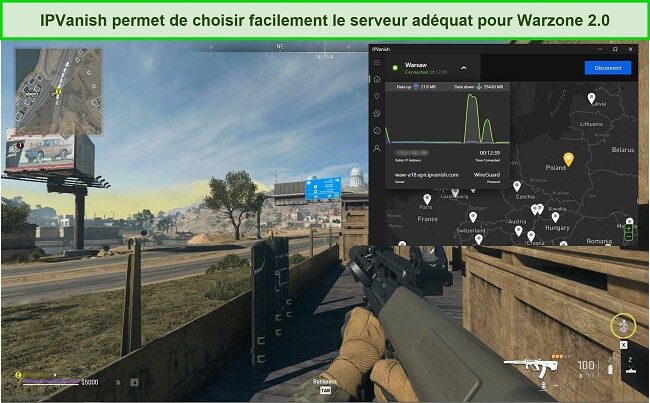Capture d'écran d'IPVanish connecté à un serveur polonais tout en jouant à Warzone 2.0