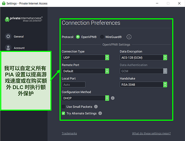 可自定义 PIA 设置的屏幕截图。
