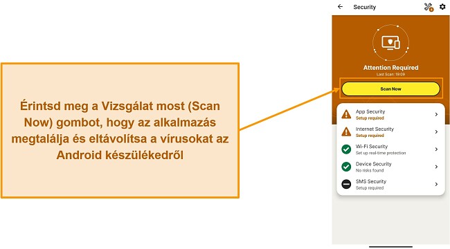 Képernyőkép, amely bemutatja, hogyan indítható el a vizsgálat a Norton Mobile Security alkalmazásban