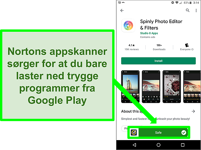 Skjermbilde av en app i Google Play -butikken som er merket som "trygg" av en Norton -skanning.