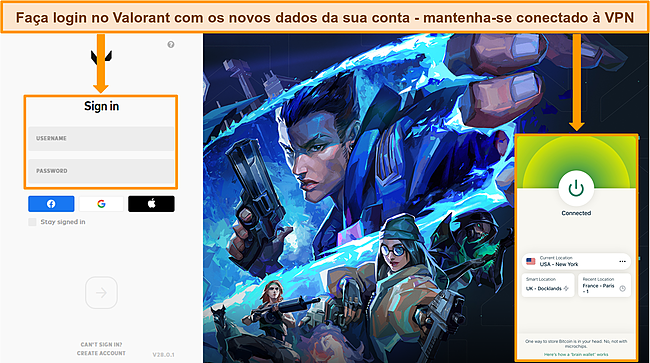 Captura de tela do aplicativo de desktop do Valorant com ExpressVPN conectado a um servidor dos EUA.