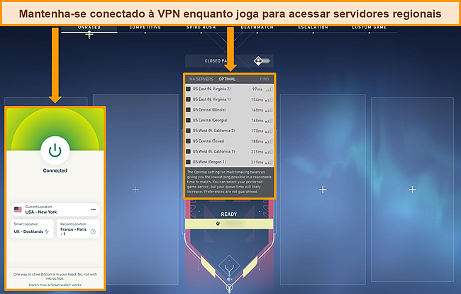 Captura de tela do app Valorant com servidores norte-americanos destacados e ExpressVPN conectado a um servidor norte-americano.