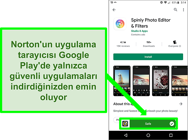Google Play mağazasında bir Norton taraması tarafından "güvenli" olarak işaretlenen bir uygulamanın ekran görüntüsü.
