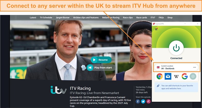 Screenshot of ITV Racing streaming through ITV Hub using ExpressVPN