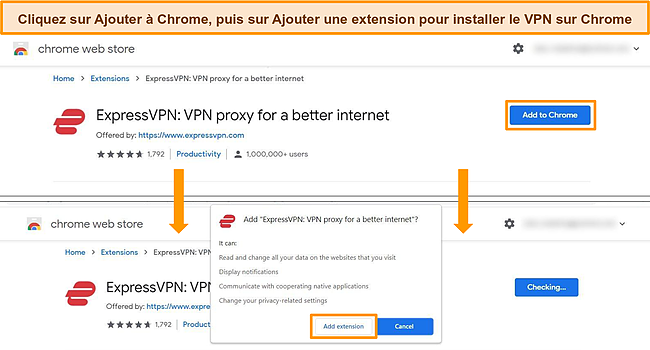 Capture d'écran du Chrome Web Store montrant le processus d'installation de l'extension de navigateur ExpressVPN Chrome.