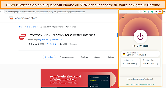 Capture d'écran de l'extension de navigateur d'ExpressVPN ouverte dans le navigateur Chrome.