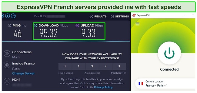 Screenshot of speed tests carried out on an ExpressVPN server in France