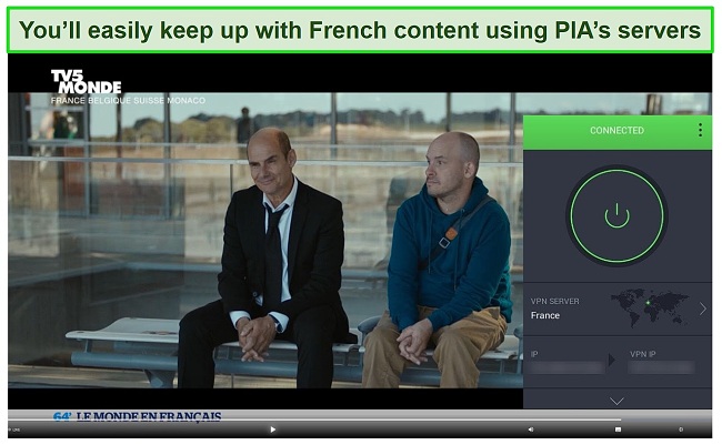 Screenshot of PIA unblocking live stream on TV5 Monde