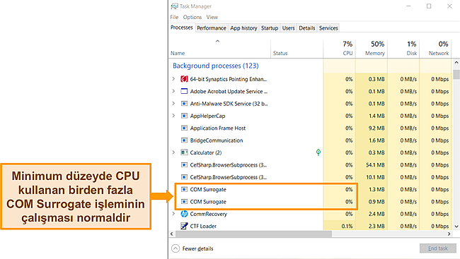 2 COM Vekil işlemi vurgulanmış olarak Windows Görev yöneticisinin ekran görüntüsü.