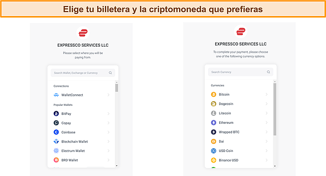 Captura de pantalla de la pantalla de selección de billetera de criptomonedas ExpressVPN durante el pago.