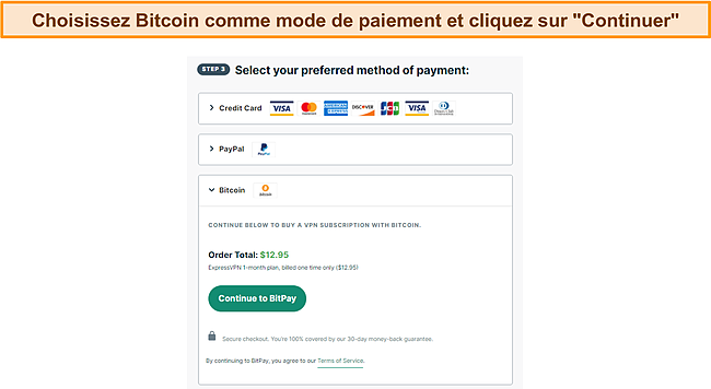 Capture d'écran de la sélection de paiement ExpressVPN Bitcoin.