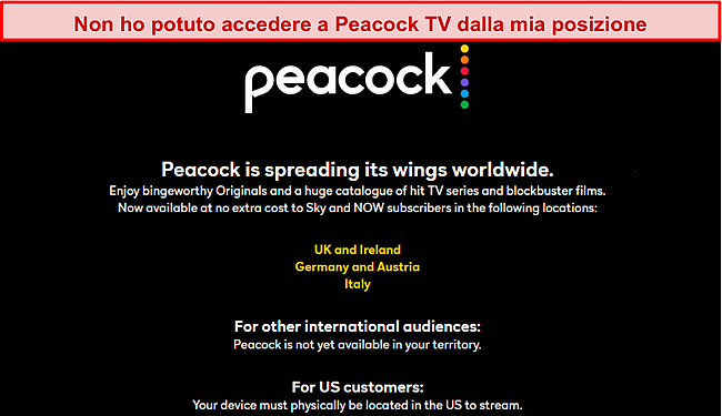 Messaggio di errore di Peacock al di fuori degli Stati Uniti