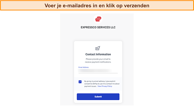 Screenshot van het ExpressVPN-e-mailinvoerscherm tijdens het Bitcoin-betalingsproces.