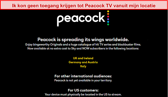 Foutmelding van Peacock buiten de VS