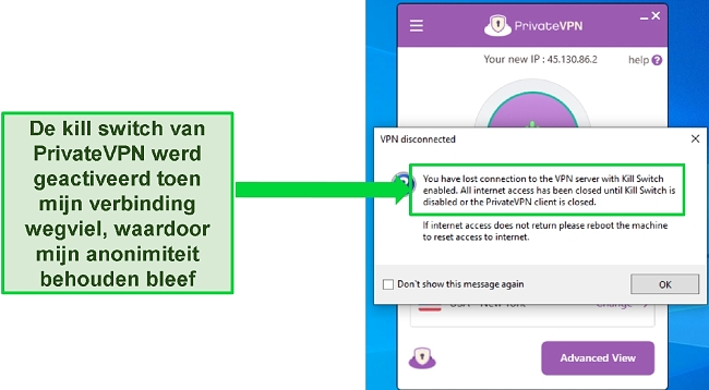 Screenshot van het dialoogvenster Private VPN internet kill switch.
