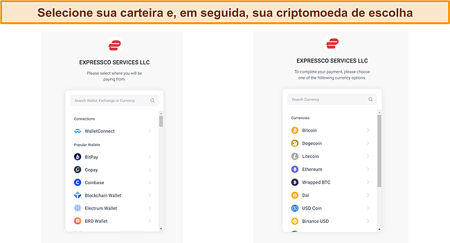 Captura de tela da tela de seleção da carteira de criptomoedas ExpressVPN durante o pagamento.