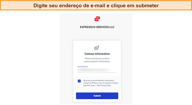 Captura de tela da tela de entrada de e-mail da ExpressVPN durante o processo de pagamento do Bitcoin.
