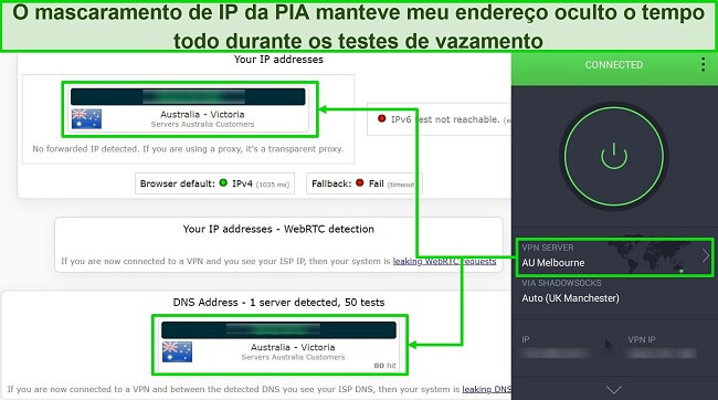 Captura de tela dos resultados do teste de vazamento da PIA
