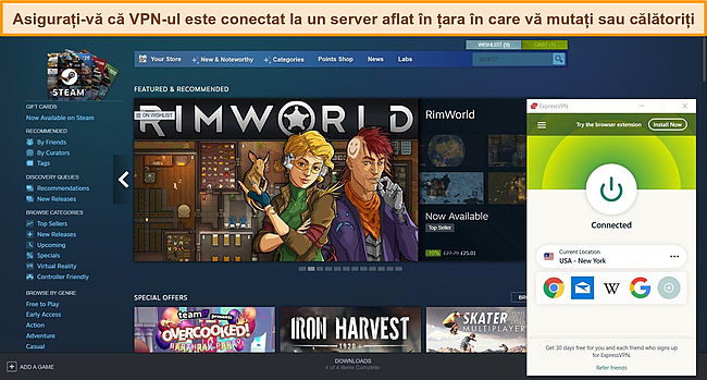 Captură de ecran a tabloului de bord Steam cu ExpressVPN conectat la un server din SUA.