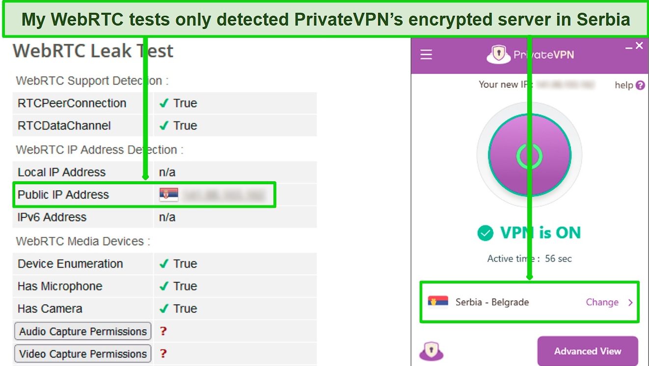 Screenshot of a successful WebRTC leak test while PrivateVPN is connected to a server in Serbia