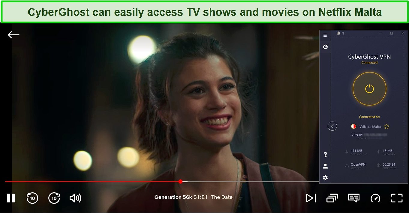 Screenshot of Generation 56K streaming on Netflix while CyberGhost is connected to a server in Malta