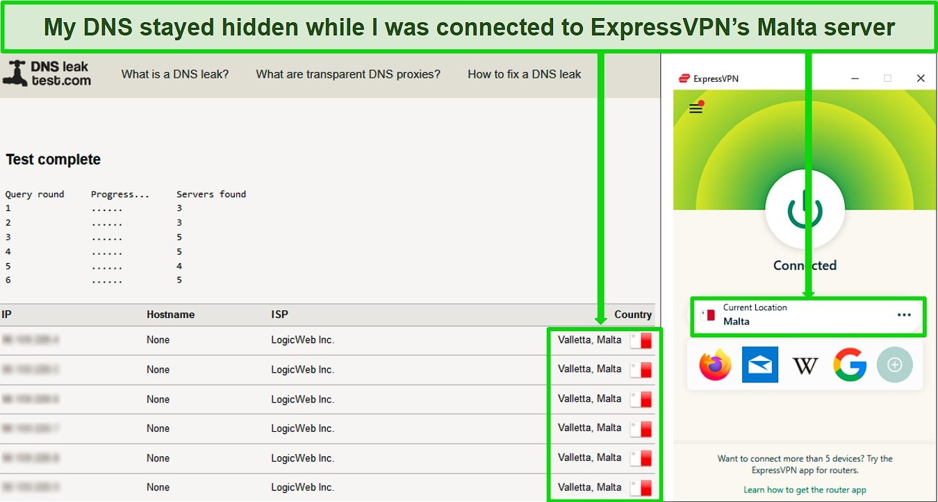 Screenshot of a successful DNS leak test while ExpressVPN is connected to a server in Malta.