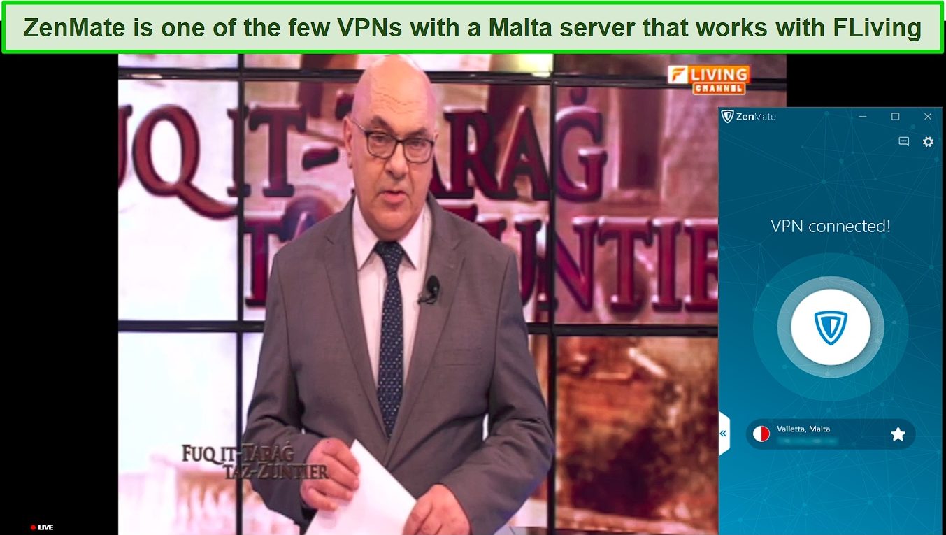Screenshot of a live stream of the FLiving channel while ZenMate is connected to a server in Malta