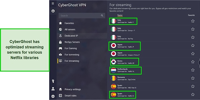 A screenshot of CyberGhost's optimized servers