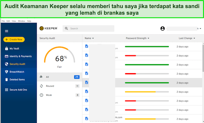 Cuplikan layar tab Audit Keamanan Keeper