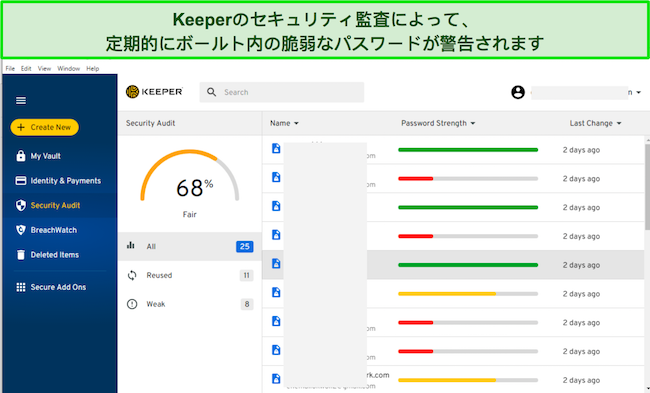 Keeper の [セキュリティ監査] タブのスクリーンショット