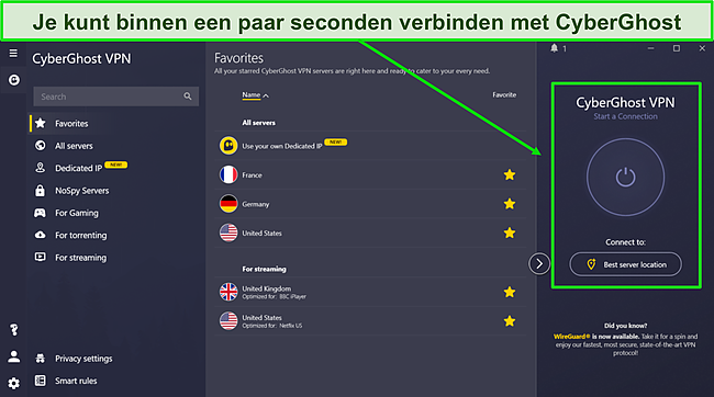 De gebruikersinterface van CyberGhost, die de snelle verbindingsfunctie demonstreert en verschillende servers die zijn geoptimaliseerd voor verschillende toepassingen.