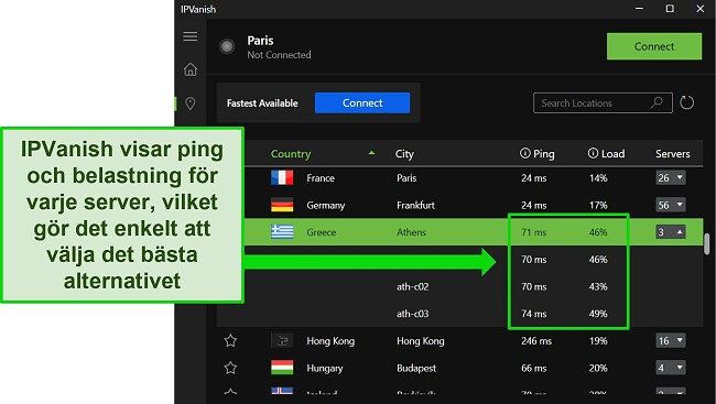 Skärmdump av IPVanishs Windows-app, som visar de individuella servrarnas meny och markerar ping- och användarbelastningen för servrarna