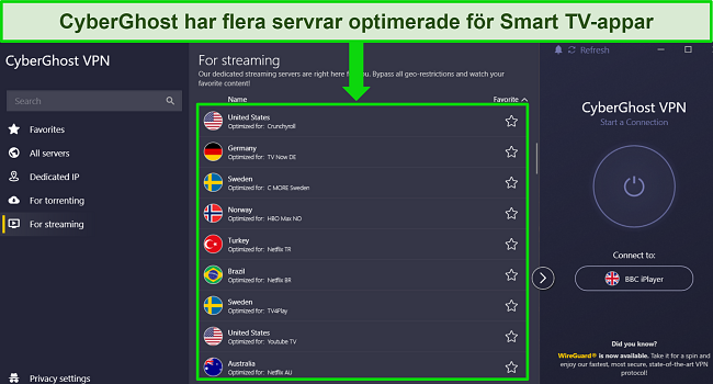 Skärmbild av CyberGhosts Windows-app med den optimerade streamingservermenyn öppen och markerad för att visa olika serveralternativ