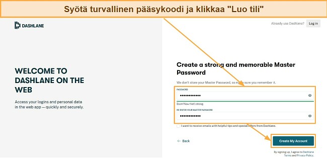 Syötä turvallinen pääsykoodi ja klikkaa 'Luo tili'
