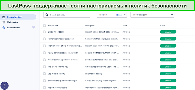 Скриншот панели инструментов «Общие политики LastPass».
