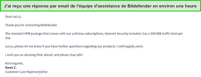 Capture d'écran d'un e-mail envoyé par l'équipe d'assistance de Bitdefender.