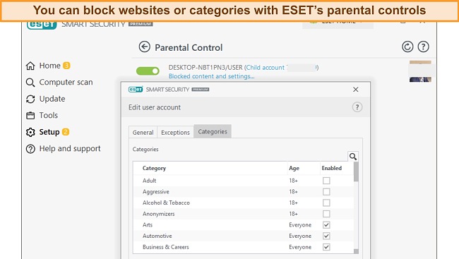 ESET's category blocks effectively restricted unwanted websites across all my browsers