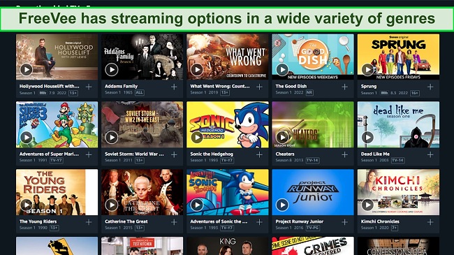 Screenshot of title options on FreeVee's home screen