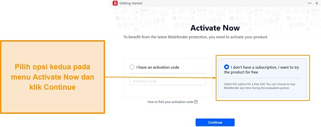 Mengaktifkan uji coba gratis Bitdefender