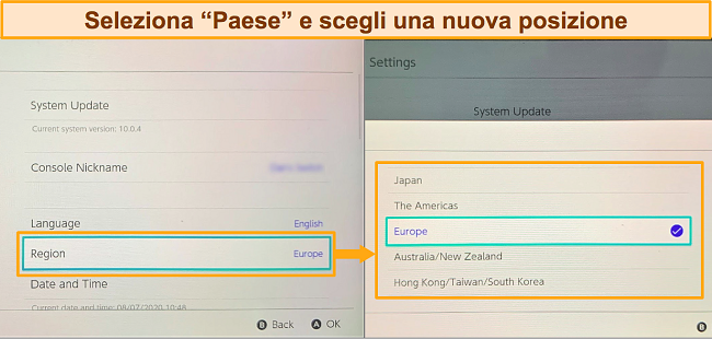 Screenshot delle opzioni di selezione della regione di Nintendo Switch