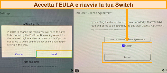 Screenshot dell'EULA per il cambio di regione di Nintendo Switch