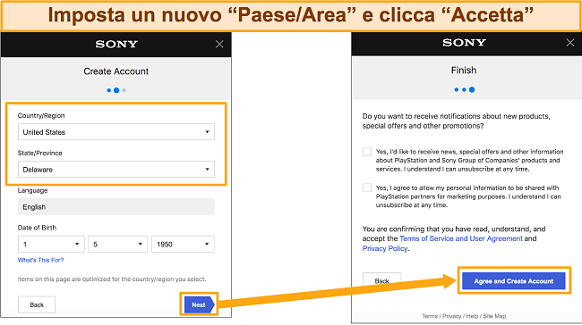Schermata di come configurare un nuovo account Sony Entertainment Network per aggiungere l'indirizzo