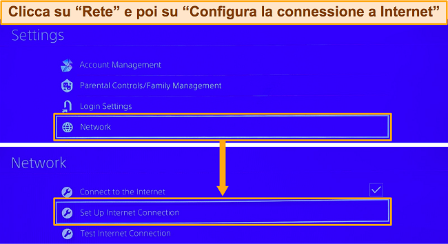 Screenshot di come navigare alla configurazione della connessione Internet PlayStation