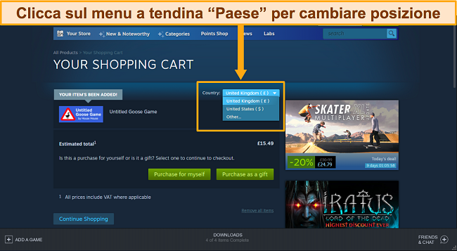 Screenshot della shopping card di Steam con il menu a discesa del paese evidenziato