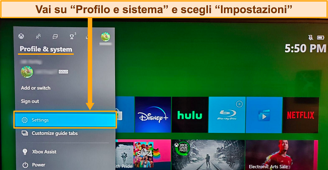 Screenshot dell'accesso alle impostazioni di Xbox