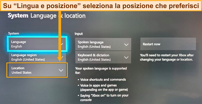 Screenshot della modifica della posizione di Xbox One
