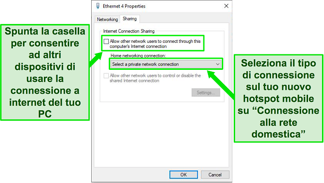 Schermata della finestra a comparsa Ethernet e Proprietà sul sistema operativo Windows